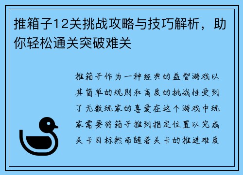 推箱子12关挑战攻略与技巧解析，助你轻松通关突破难关
